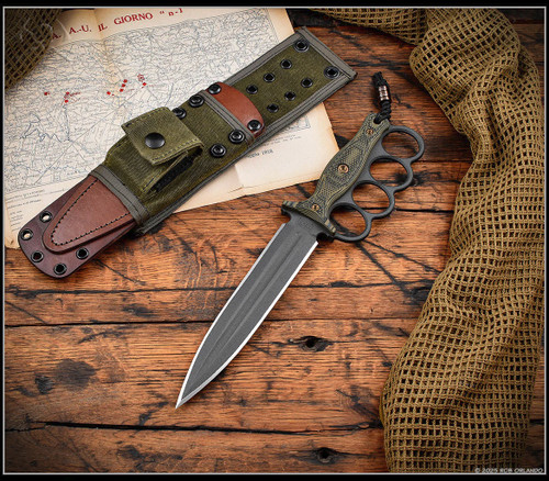 RMJ Tactical Trench Raider - Unsheathed - CPM 3V Stamped Side. Colbalt Cerakote 3V steel double plain edge blade.  Dirty Olive G-10 handle scales.  Model K-TR-3V-CO-DO-BG.