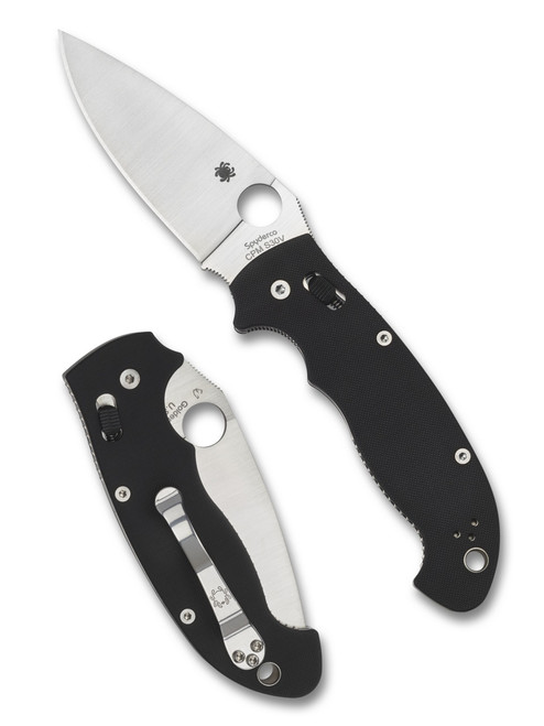 Spyderco Manix 2 XL folding knife with thumb hole - shown open presentation side and closed pocket clip side.  Satin S30V stainless steel plain edge blade. Black G-10 handle.  Model C95GP2.