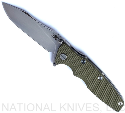 Rick Hinderer Knives Eklipse folding knife with flipper tab - shown open - presentation side.  Stonewash 3.5" hollow grind S45VN stainless steel plain edge blade.  Olive Drab (OD) Green G-10 handle scale.  Model KEK35SLHO