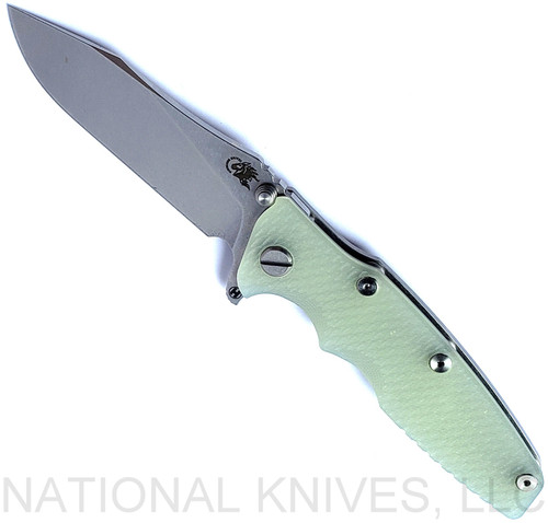 Rick Hinderer Knives Eklipse folding knife with flipper tab - shown open - presentation side.  Stonewash 3.5" hollow grind S45VN stainless steel plain edge blade.  Translucent Green G-10 handle scale.  Model KEK35SLHO