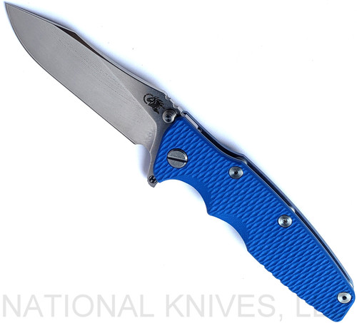 Rick Hinderer Knives Eklipse folding knife with flipper tab - shown open - presentation side.  Stonewash 3.5" hollow grind S45VN stainless steel plain edge blade.  Blue G-10 handle scale.  Model KEK35SLHO