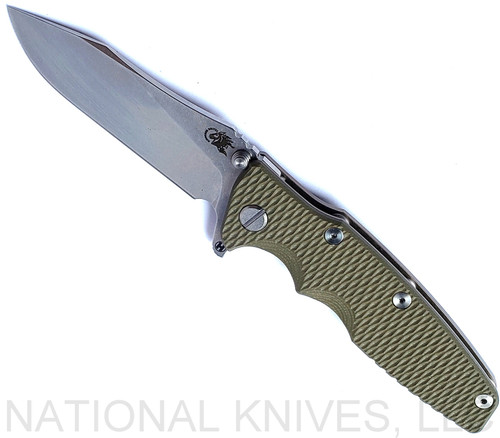 Rick Hinderer Knives Eklipse folding knife with flipper tab - shown open - presentation side.  Stonewash 3.5" hollow grind S45VN stainless steel plain edge blade.  Olive Drab (OD) Green G-10 handle scale.  Model KEK35SLHO