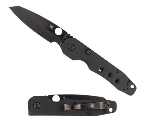 Spyderco Smock The Knife Distributor Exclusive Folding Knife - shown presentation side open and clip side closed.  Black Cru-Wear steel plain edge blade.  Black aluminum handle.  Model C240BKALBKCWP.