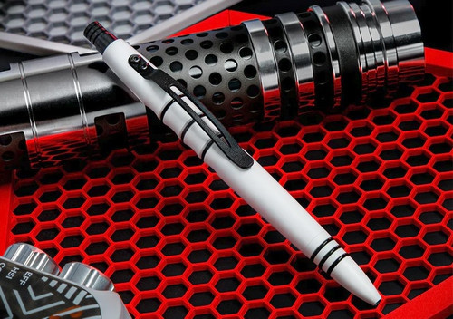 Tuff Writer Precision Press Special Mission ink pen - Tempest - shown clip side up.  White and Black aluminum body with black ink.