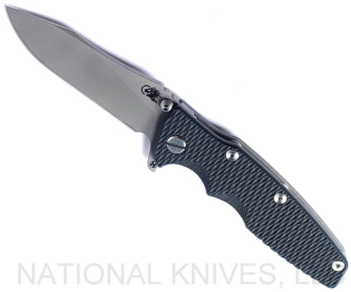 Rick Hinderer Knives Eklipse folding knife with flipper tab - shown open - presentation side.  Working Finish 3.5" hollow grind S45VN stainless steel plain edge blade.  Black G-10 handle scale.  Model KEK35SLHO