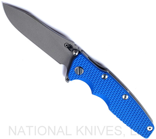 Rick Hinderer Knives Eklipse folding knife with flipper tab - shown open - presentation side.  Working Finish 3.5" hollow grind S45VN stainless steel plain edge blade.  Blue G-10 handle scale.  Model KEK35SLHO
