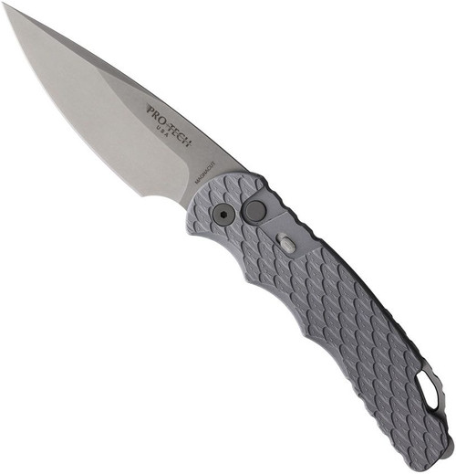 Pro-Tech Tactical Response 4 automatic knife with push button release - shown open presentation side.  Stonewash MagnaCut stainless steel plain edge blade.  Gray aluminum handle.  Model T4105-F BW GREY