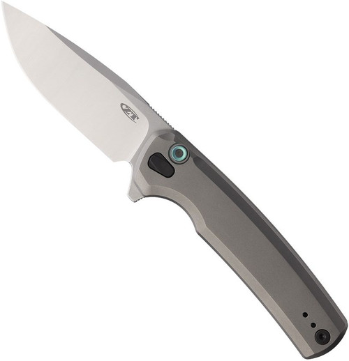 Zero Tolerance 0044 folding knife with flipper tab - shown open presentation side.  2-Tone S45VN stainless steel plain edge blade.  Titanium handle with button lock.  Model 0044.