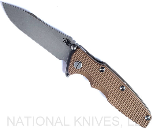 Rick Hinderer Knives Eklipse folding knife with flipper tab - shown open - presentation side.  Working Finish 3.5" hollow grind S45VN stainless steel plain edge blade.  FDE G-10 handle scale and Battle Bronze lock side.  Model KEK35SLHO.
