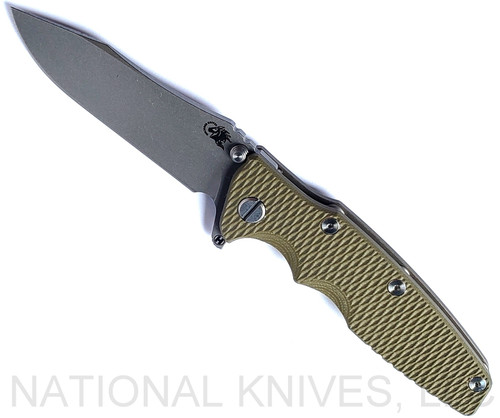 Rick Hinderer Knives Eklipse folding knife with flipper tab - shown open - presentation side.  Working Finish 3.5" hollow grind S45VN stainless steel plain edge blade.  OD Green G-10 handle scale and Battle Bronze lock side.  Model KEK35SLHO.