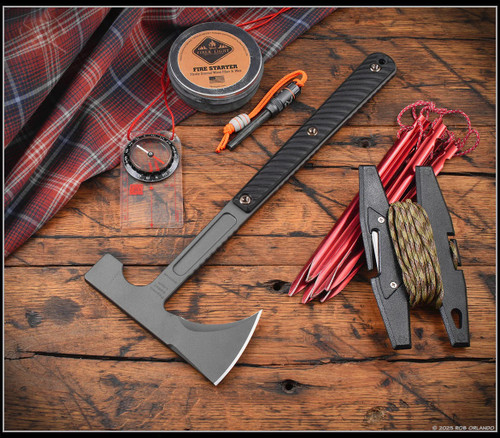 RMJ Tactical Kestrel Scout Light Tomahawk - shown out of sheath.  Tungsten Cerakote 80CrV2 steel head.  Black G-10 handle scales.  Model T-KSL-TU-BK.