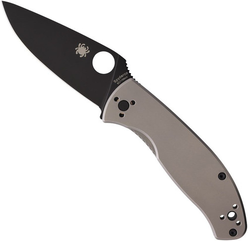 Spyderco Tenacious Blue Ridge Knives Exclusive folding knife with thumb hole - shown open presentation side.  Black coated 8Cr13MoV stainless steel plain edge blade.  Titanium handle.  Model C122TIBKP.