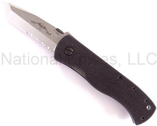 Emerson Knives CQC-7B SFS folding knife with thumb disk - shown open presentation side.  Satin 154CM stainless steel combo edge blade.  Black G-10 handle.  Model CQC-7B-SFS.