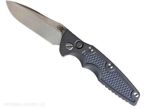 Rick Hinderer Knives Eklipse Spearpoint Automatic with push button - shown open presentation side.  Stonewash S45VN stainless steel plain edge blade.  Battle Purple titanium handle.  Model KAEK35SP.