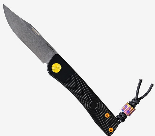 Tactile Knife Co Bexar Groove Seasonal Release slip joint pocket knife with thumbnail slot - shown open obverse.  Stonewash MagnaCut stainless steel plain edge blade.  Multicolor Cerakote titanium handle.  Model 20-BX-MC01-TTGV.