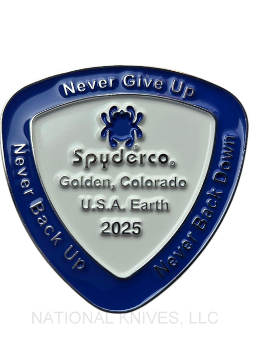 Spyderco 2025 Challenge Coin - obverse shown.  Blue and White Enamel finish.  Model COIN2025.