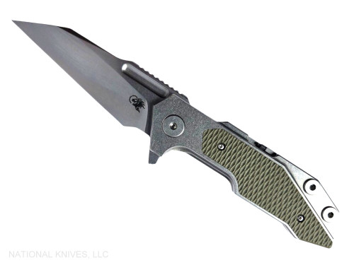 Rick Hinderer Knives Full Track Wharncliffe folding knife with flipper tab - shown open presentation side.  Stonewash S45VN stainless steel plain edge blade.  Stonewash titanium with OD green G-10 scales.  Model KFTRWC.