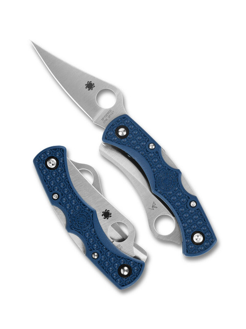 Spyderco Dyad Jr. Lightweight folding knife with thumb hole - shown plain edge open obverse and closed reverse.  Satin SPY27 stainless steel plain edge and serrated edge blades.  Cobalt Blue FRN handle.  Model C39P&SCBL.