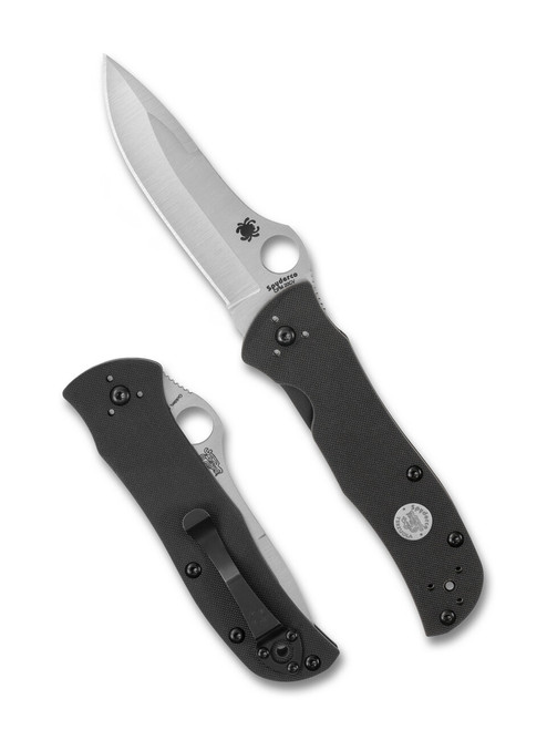 Spyderco Sprint Run Starmate folding knife with thumb hole - shown open presentation side and closed pocket clip side.  Satin CPM-20CV stainless steel plain edge blade.  Black G-10 handle.  Model C55G20CVP.