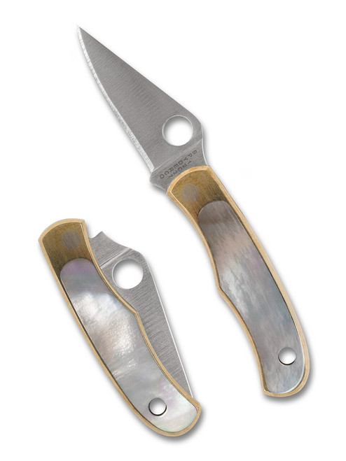 Spyderco Bug folding knife with thumb hole - shown open obverse and closed reverse.  Satin 12C27 stainless steel plain edge blade.  Nickel silver handle with Abalone inlays.  Model C133AP.