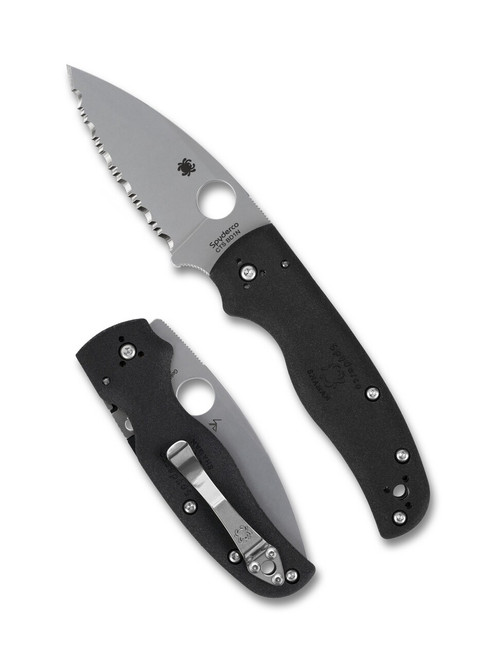 Spyderco Shaman Lightweight folding knife with thumb hole - shown open presentation side and closed pocket clip side.  CTS-BD1N stainless steel serrated edge blade.  Black FRN handle.  Model C229SBK.