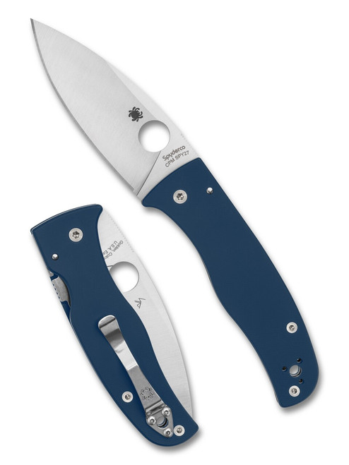 Spyderco Bodacious folding knife with thumb hole - shown open presentation side and closed pocket clip side.  Satin SPY27 stainless steel plain edge blade.  Cobalt Blue G-10 handle.  Model C263GPCBL.