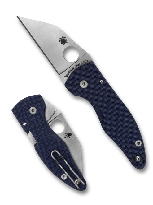 Spyderco MicroJimbo folding knife with thumb hole - shown open presentation side and closed pocket clip side.  Satin SPY27 stainless steel plain edge blade.  Cobalt Blue G-10 handle.  Model C264GPCBL.