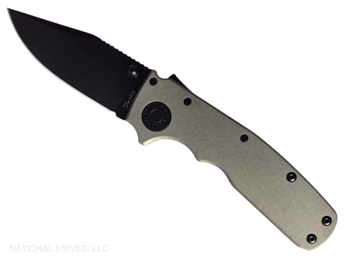Demko Knives Shark Cub Clip Point folding knife with thumb stud - shown open presentation side.  Black 20CV stainless steel plain edge blade.  Artillery Gray Aluminum handle.