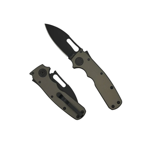 Demko Knives Shark Cub Shark Slicer folding knife with thumb slot - shown open presentation side and closed pocket clip side.  Black 20CV stainless steel plain edge blade.  Artillery Gray Aluminum handle.