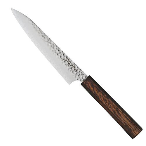 Demko Knives Petty Kitchen Knife - shown obverse.  VG-10 San Mai stainless steel plain edge blade.  Japanese Red Oak wood handle.  Model DK-JPN-KTCHN-PETTY.