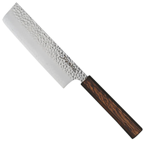 Demko Knives Nakiri Kitchen Knife - shown obverse.  VG-10 San Mai stainless steel plain edge blade.  Japanese Red Oak wood handle.  Model DK-JPN-KTCHN-NAKIRI.