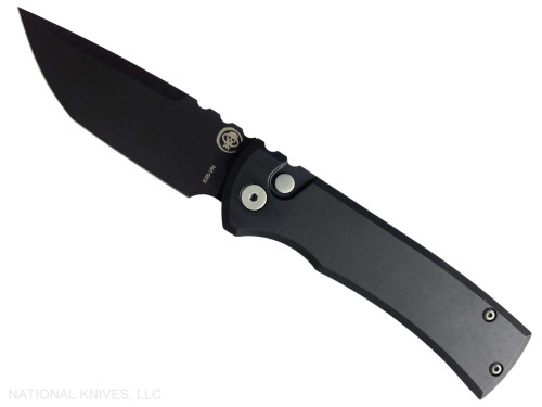 Chaves Knives Pro-Tech Collaboration Redencion 229 Tanto automatic knife - obverse shown.  Black S35VN stainless steel plain edge blade.  Black aluminum handle.  Model CK-1A10-2G3F-6D1