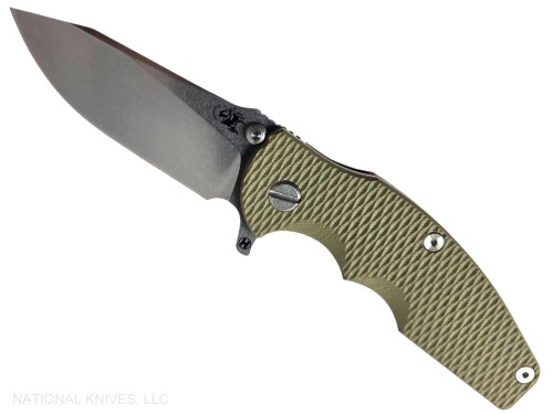 Rick Hinderer Knives Jurassic Hollow Grind Slicer folding knife with flipper tab - shown open presentation side.  Stonewash MagnaCut stainless steel plain edge blade.  OD Green G-10 handle scale with stonewash bronze titanium lock side.  Model KJURSLHO.