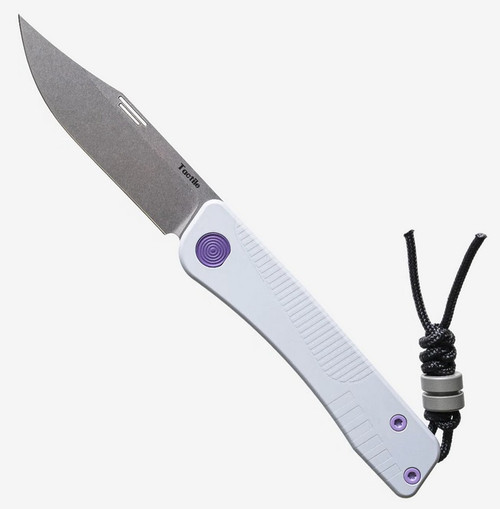 Tactile Knife Co 16-Bit Bexar limited edition slip joint knife with nail nick - shown open obverse.  Satin MagnaCut stainless steel plain edge blade.  Gray and purple titanium handle.  Model 20-BX-MC01-TT16