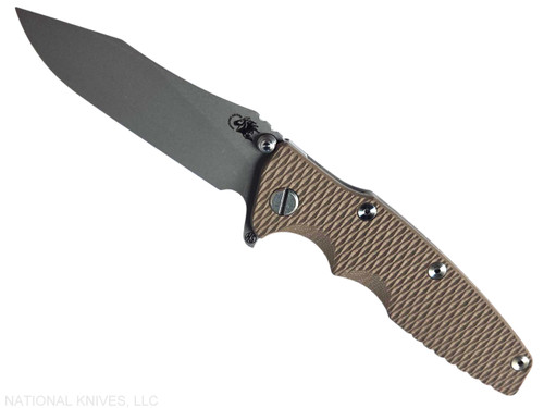 Rick Hinderer Knives Skinny Eklipse Slicer folding knife with flipper tab - shown open - presentation side.  Working Finish 3.5" hollow grind MagnaCut stainless steel plain edge blade.  FDE G-10 handle scale with Working Finish lock side.  Model KEK35SKSLHO