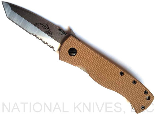Emerson Knives CQC-7V SFS folding knife with thumb disk and Emerson Wave opener - shown open presentation side.  Satin 154CM stainless steel, "V" ground, combo edge blade.  Tan G-10 handle.  Model CQC-7V-SFS.
