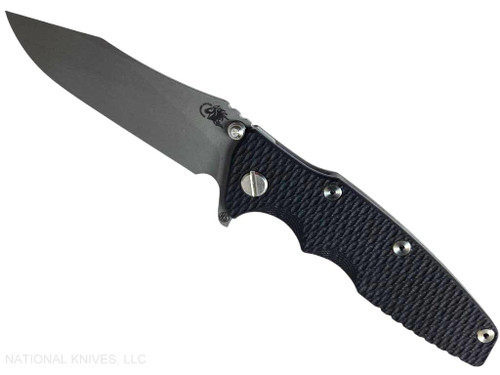 Rick Hinderer Knives Skinny Eklipse Slicer folding knife with flipper tab - shown open - presentation side.  Working Finish 3.5" hollow grind MagnaCut stainless steel plain edge blade.  Black G-10 handle scale with Working Finish lock side.  Model KEK35SKSLHO