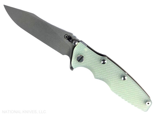 Rick Hinderer Knives Skinny Eklipse Slicer folding knife with flipper tab - shown open - presentation side.  Working Finish 3.5" hollow grind MagnaCut stainless steel plain edge blade.  Translucent Green G-10 handle scale with Battle Bronze lock side.  Model KEK35SKSLHO