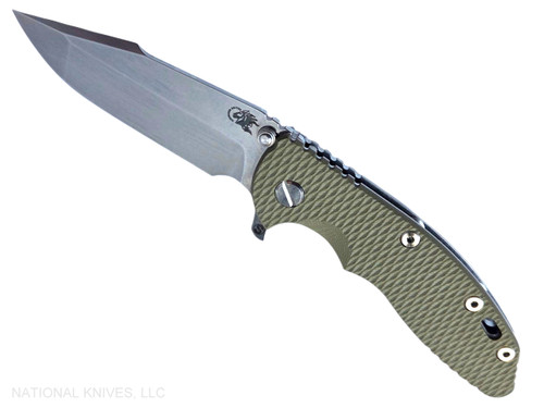 Rick Hinderer Knives XM-18 Skinny Harpoon Spanto with thumb stud and flipper tab - shown open presentation side.  Stonewash MagnaCut stainless steel plain edge blade.  OD green G-10 handle with stonewash lock side.  Model KXM35SKHS.