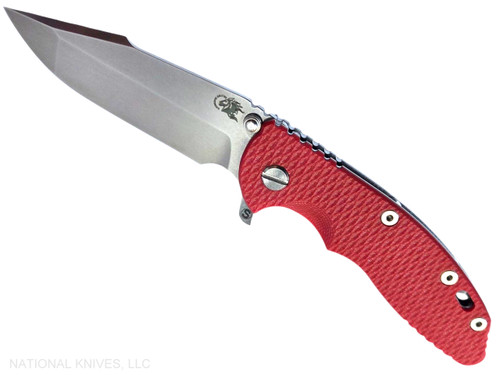 Rick Hinderer Knives XM-18 Skinny Harpoon Spanto with thumb stud and flipper tab - shown open presentation side.  Stonewash MagnaCut stainless steel plain edge blade.  Red G-10 handle with stonewash lock side.  Model KXM35SKHS.