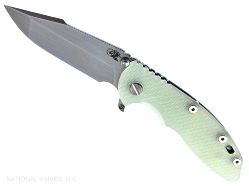 Rick Hinderer Knives XM-18 Skinny Harpoon Spanto with thumb stud and flipper tab - shown open presentation side.  Stonewash MagnaCut stainless steel plain edge blade.  Translucent Green G-10 handle with stonewash lock side.  Model KXM35SKHS.
