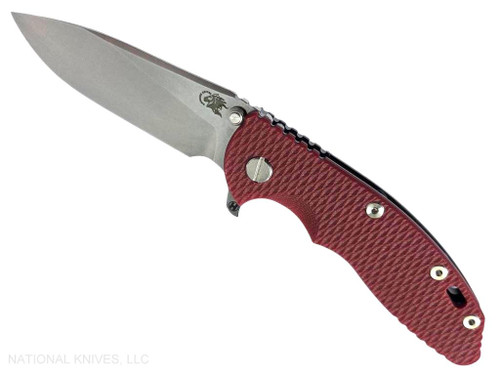 Rick Hinderer Knives XM-18 3.5" Slicer Hollow Grind folding knife with thumb stud and flipper tab - shown open presentation side.  Stonewash 20CV stainless steel plain edge blade.  Red G-10 handle with Stonewash Black DLC lock side.  Model KXM35SLDLC.