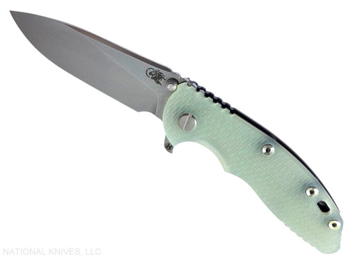 Rick Hinderer Knives XM-18 3.5" Slicer Hollow Grind folding knife with thumb stud and flipper tab - shown open presentation side.  Stonewash 20CV stainless steel plain edge blade.  Translucent Green G-10 handle with Stonewash Black DLC lock side.  Model KXM35SLDLC.