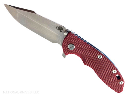 Rick Hinderer Knives XM-18 3.5" Harpoon Spanto folding knife with thumb stud and flipper tab - shown open presentation side.  Stonewashed MagnaCut stainless steel plain edge blade.  Red G-10 handle with stonewash blue lock side.  Model KXM35HS.