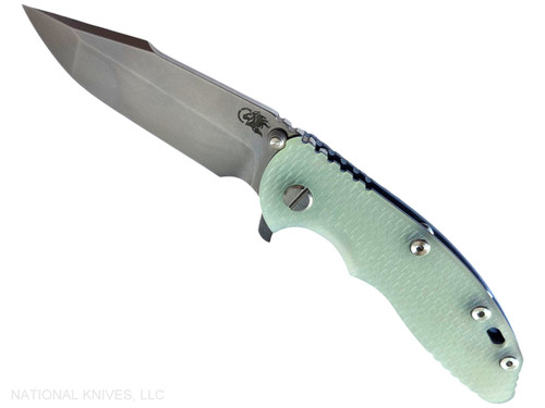 Rick Hinderer Knives XM-18 3.5" Harpoon Spanto folding knife with thumb stud and flipper tab - shown open presentation side.  Stonewashed MagnaCut stainless steel plain edge blade.  Translucent Green G-10 handle with stonewash blue lock side.  Model KXM35HS.