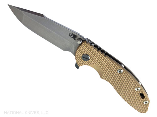 Rick Hinderer Knives XM-18 3.5" Harpoon Spanto folding knife with thumb stud and flipper tab - shown open presentation side.  Stonewashed MagnaCut stainless steel plain edge blade.  Coyote G-10 handle with stonewash bronze lock side.  Model KXM35HS.