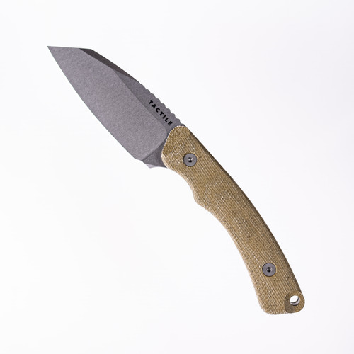 Tactile Knife Co Redhawk fixed blade knife - shown out of sheath obverse.  Stonewashed MagnaCut stainless steel plain edge blade.  Green Micarta handle.  Model 20-RK-MC01-RMGR.