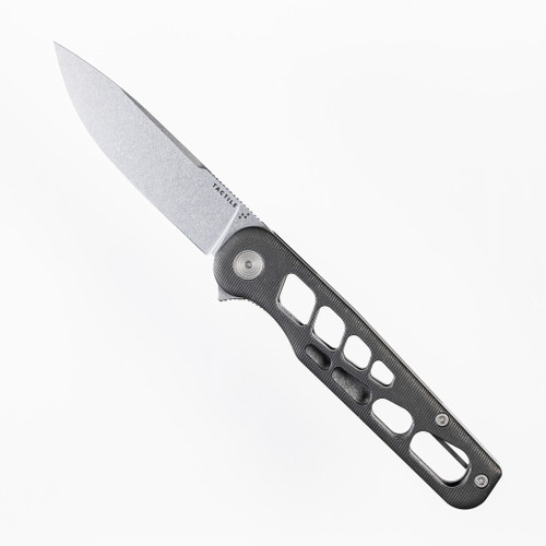 Tactile Knife Co Skeletonized Rockwall Flipper V2 folding knife with flipper tab - shown open presentation side.  Stonewash MagnaCut stainless steel plain edge blade.  Darkwash titanium handle.  Model 20-GSW-MC01-TTDW.