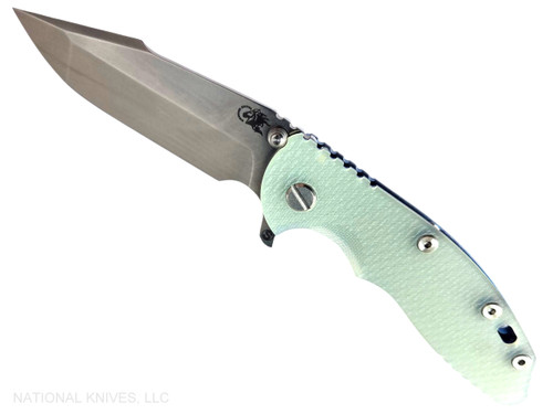 Rick Hinderer Knives XM-18 Skinny Harpoon Spanto with thumb stud and flipper tab - shown open presentation side.  Stonewash MagnaCut stainless steel plain edge blade.  Translucent Green G-10 handle with stonewash blue lock side.  Model KXM35SKHS.