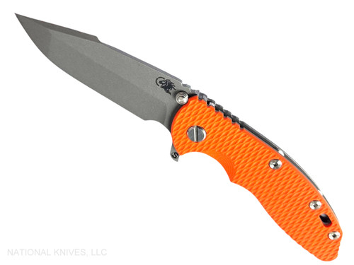 Rick Hinderer Knives XM-18 Skinny Harpoon Spanto with thumb stud and flipper tab - shown open presentation side.  Working Finish MagnaCut stainless steel plain edge blade.  Orange G-10 handle with Working Finish lock side.  Model KXM35SKHS.